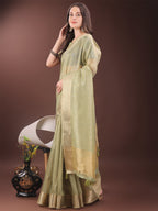 Shree Shyam Fashion Elegant Gold Mint Green Organza Saree with Zari Border | Party Wear Lightweight Saree with Blouse for Women