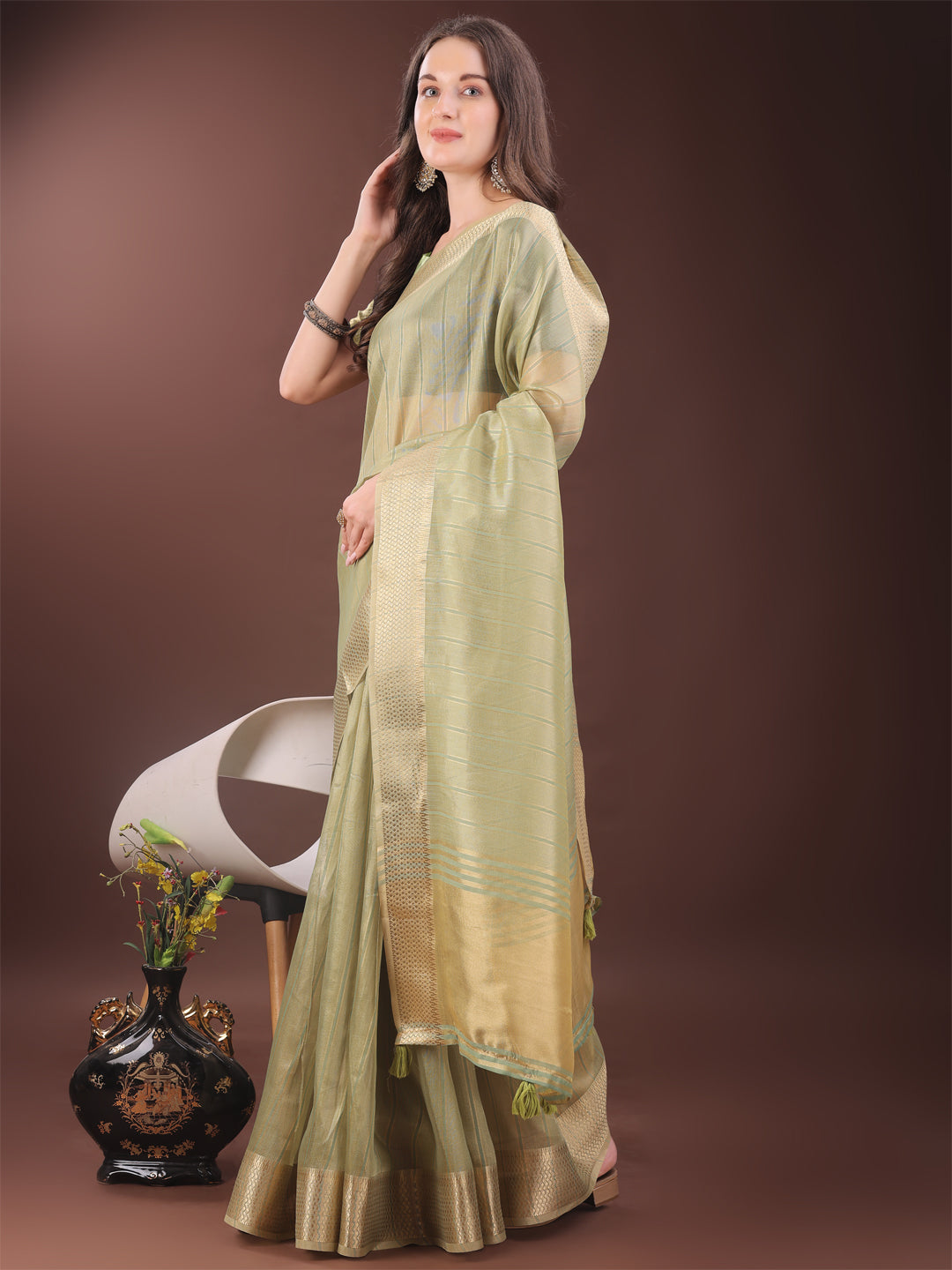 Shree Shyam Fashion Elegant Gold Mint Green Organza Saree with Zari Border | Party Wear Lightweight Saree with Blouse for Women