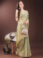 Shree Shyam Fashion Elegant Gold Mint Green Organza Saree with Zari Border | Party Wear Lightweight Saree with Blouse for Women