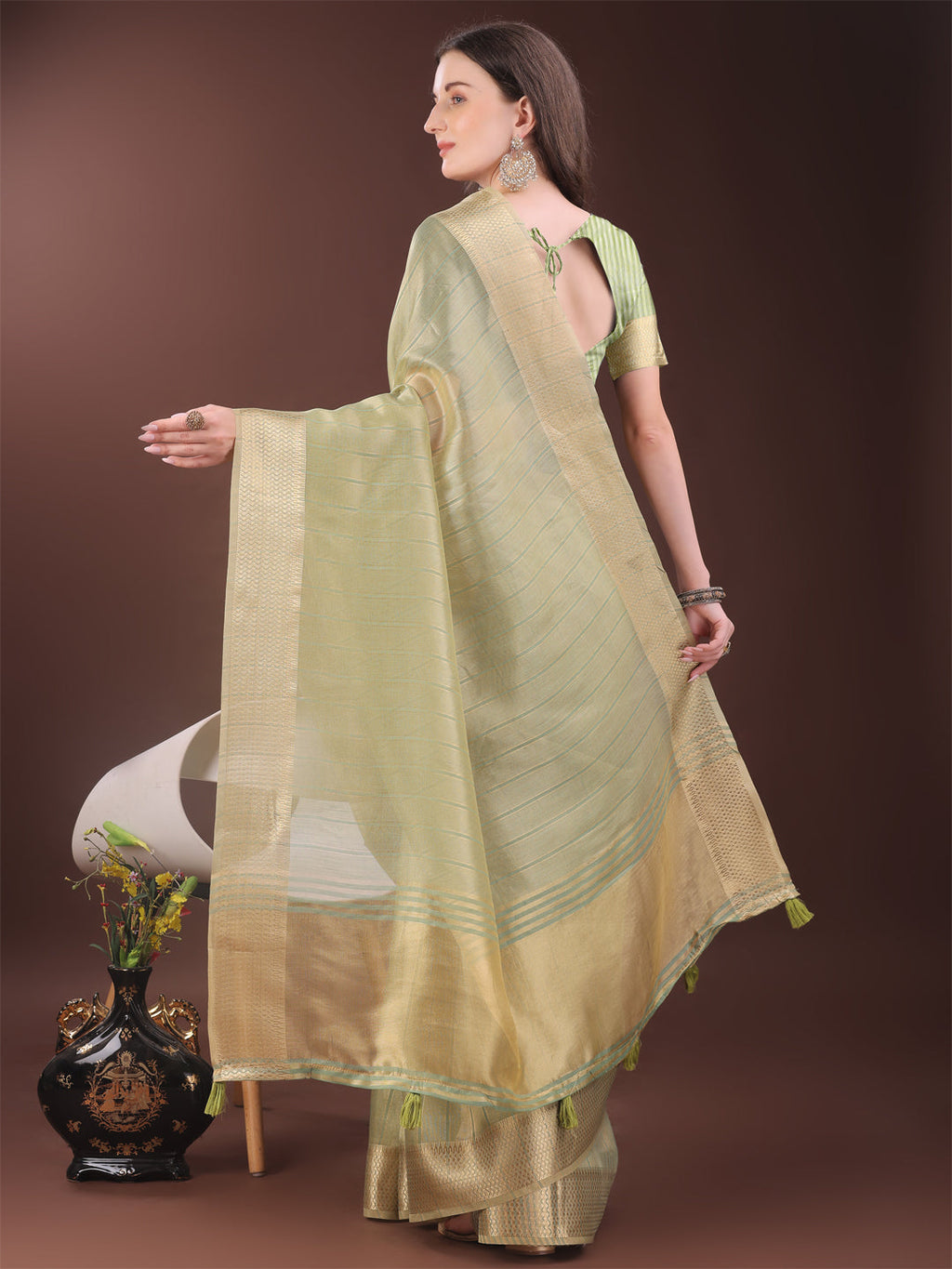Shree Shyam Fashion Elegant Gold Mint Green Organza Saree with Zari Border | Party Wear Lightweight Saree with Blouse for Women