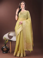 Shree Shyam Fashion Elegant Gold Yellow Organza Saree with Zari Border | Party Wear Lightweight Saree with Blouse for Women