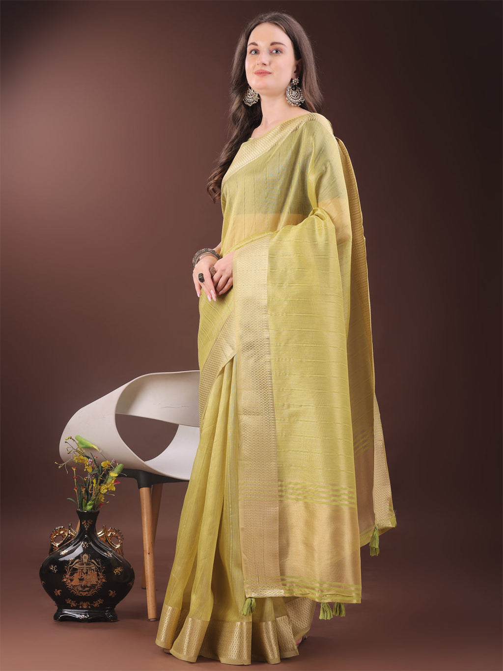 Shree Shyam Fashion Elegant Gold Yellow Organza Saree with Zari Border | Party Wear Lightweight Saree with Blouse for Women
