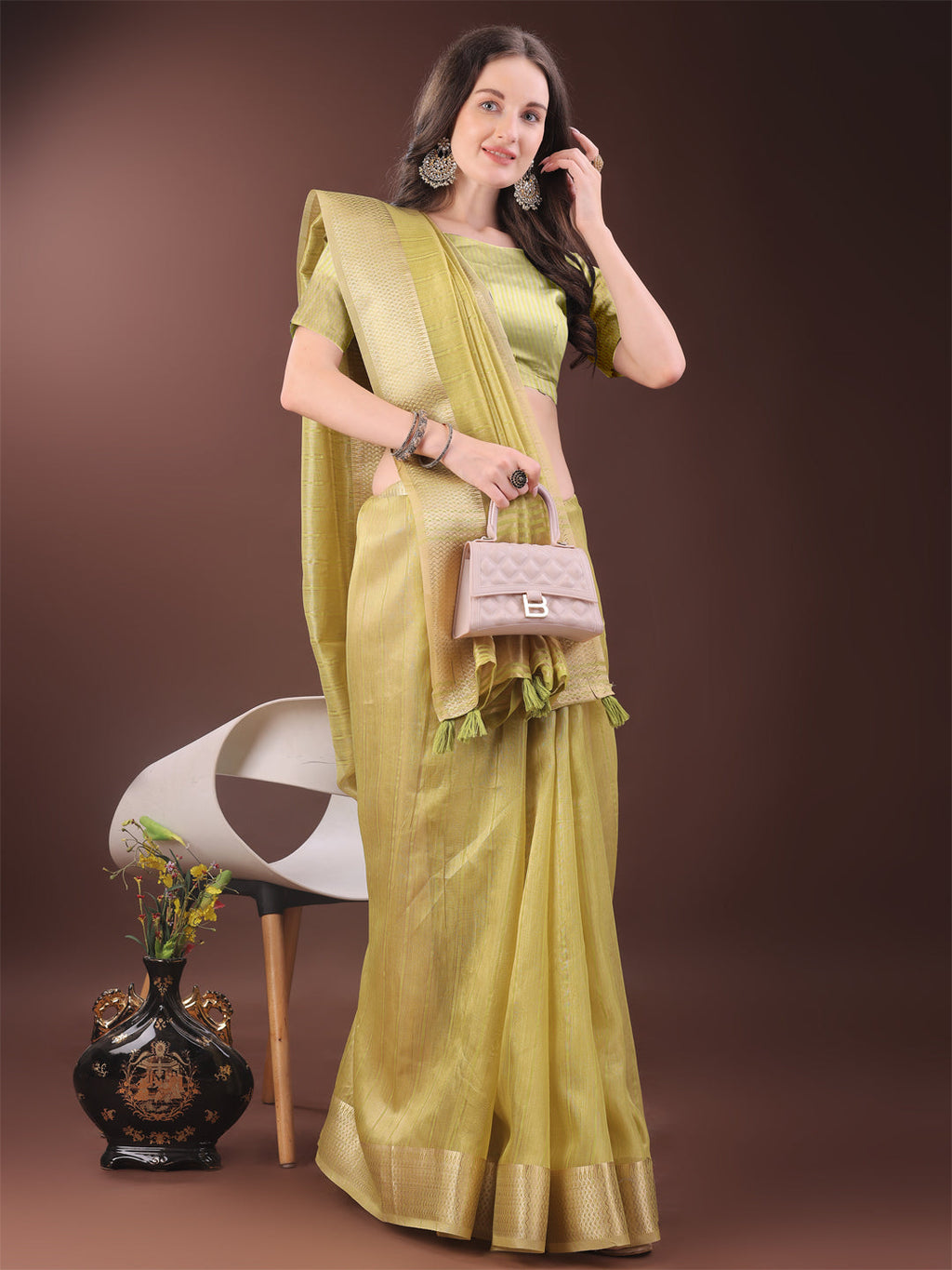 Shree Shyam Fashion Elegant Gold Yellow Organza Saree with Zari Border | Party Wear Lightweight Saree with Blouse for Women