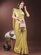 Shree Shyam Fashion Elegant Gold Yellow Organza Saree with Zari Border | Party Wear Lightweight Saree with Blouse for Women