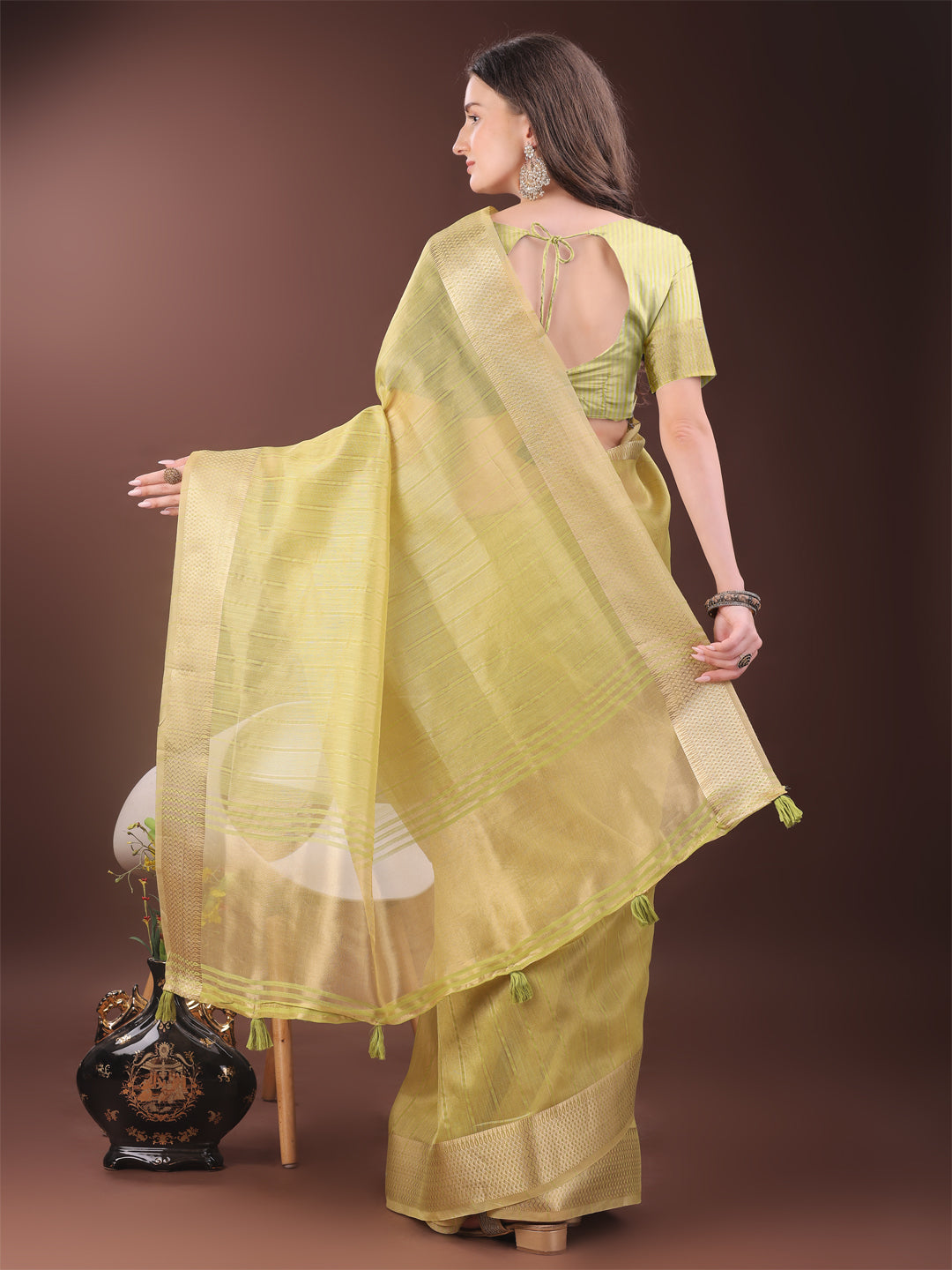 Shree Shyam Fashion Elegant Gold Yellow Organza Saree with Zari Border | Party Wear Lightweight Saree with Blouse for Women