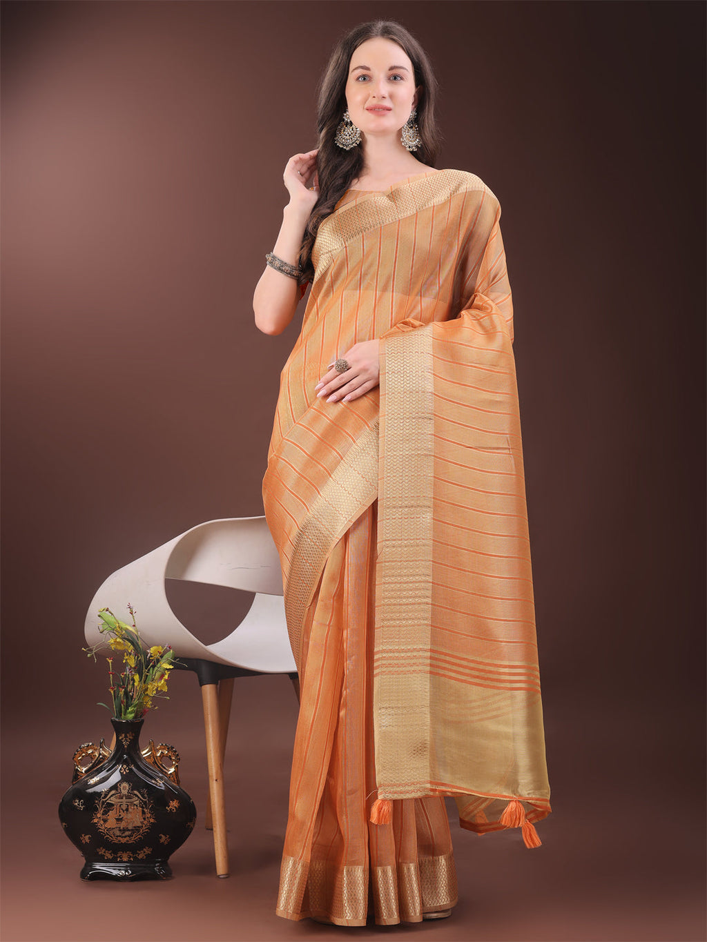 Shree Shyam Fashion Elegant Gold Orange Organza Saree with Zari Border | Party Wear Lightweight Saree with Blouse for Women
