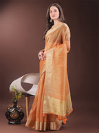 Shree Shyam Fashion Elegant Gold Orange Organza Saree with Zari Border | Party Wear Lightweight Saree with Blouse for Women