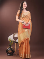 Shree Shyam Fashion Elegant Gold Orange Organza Saree with Zari Border | Party Wear Lightweight Saree with Blouse for Women
