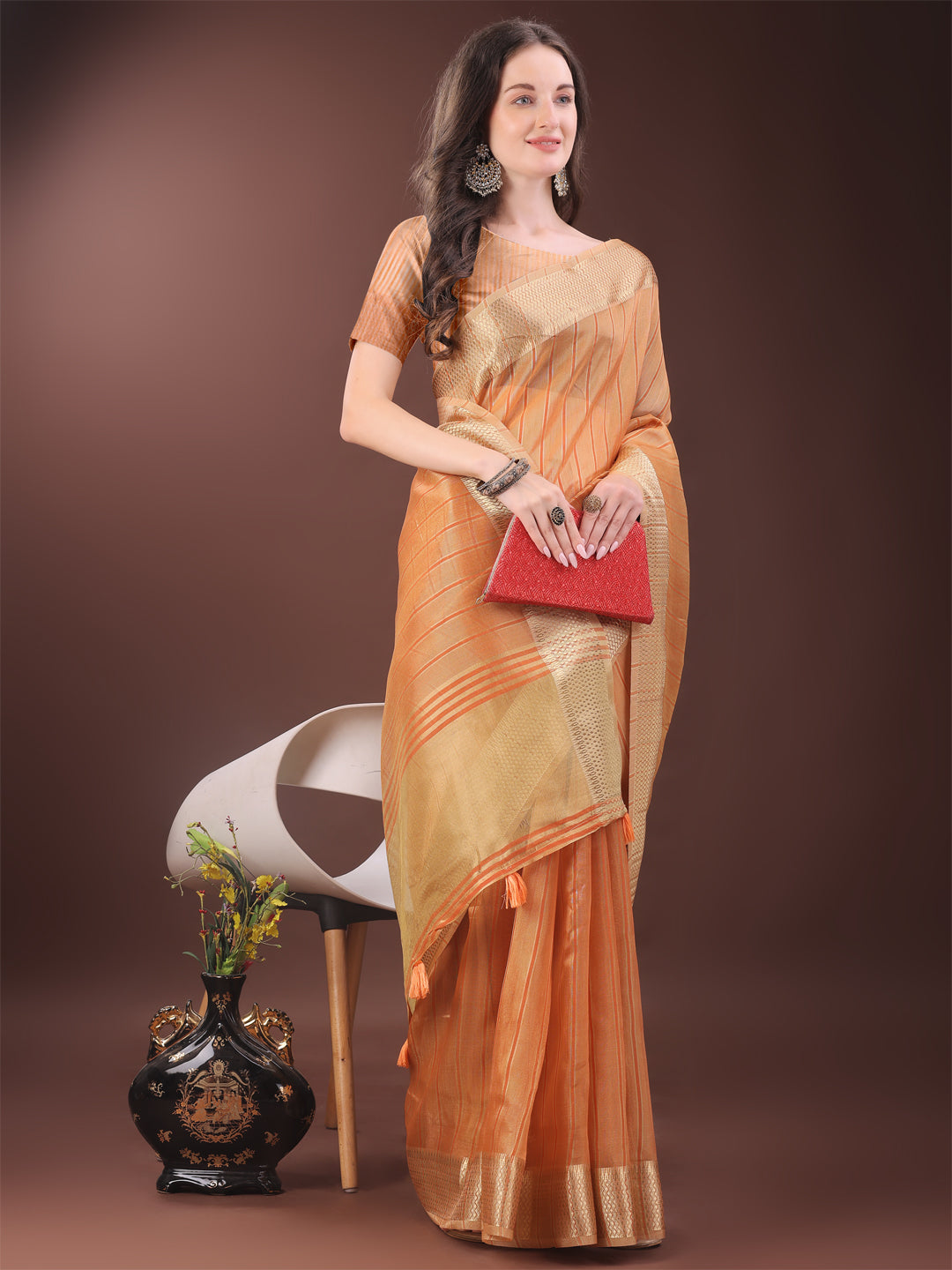 Shree Shyam Fashion Elegant Gold Orange Organza Saree with Zari Border | Party Wear Lightweight Saree with Blouse for Women