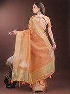 Shree Shyam Fashion Elegant Gold Orange Organza Saree with Zari Border | Party Wear Lightweight Saree with Blouse for Women