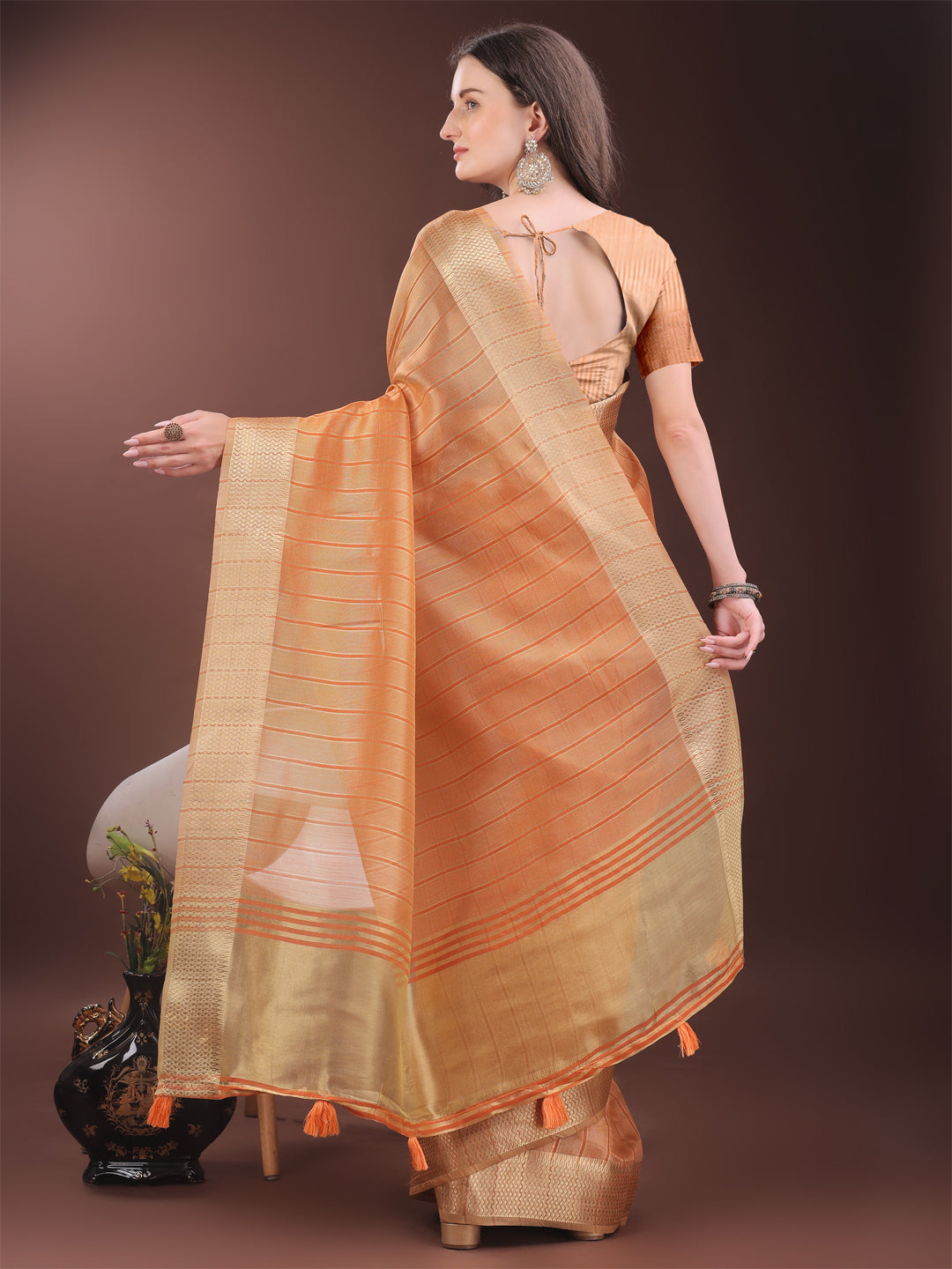 Shree Shyam Fashion Elegant Gold Orange Organza Saree with Zari Border | Party Wear Lightweight Saree with Blouse for Women