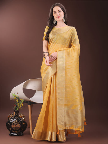 Shree Shyam Fashion Elegant Gold Mustard Organza Saree with Zari Border | Party Wear Lightweight Saree with Blouse for Women