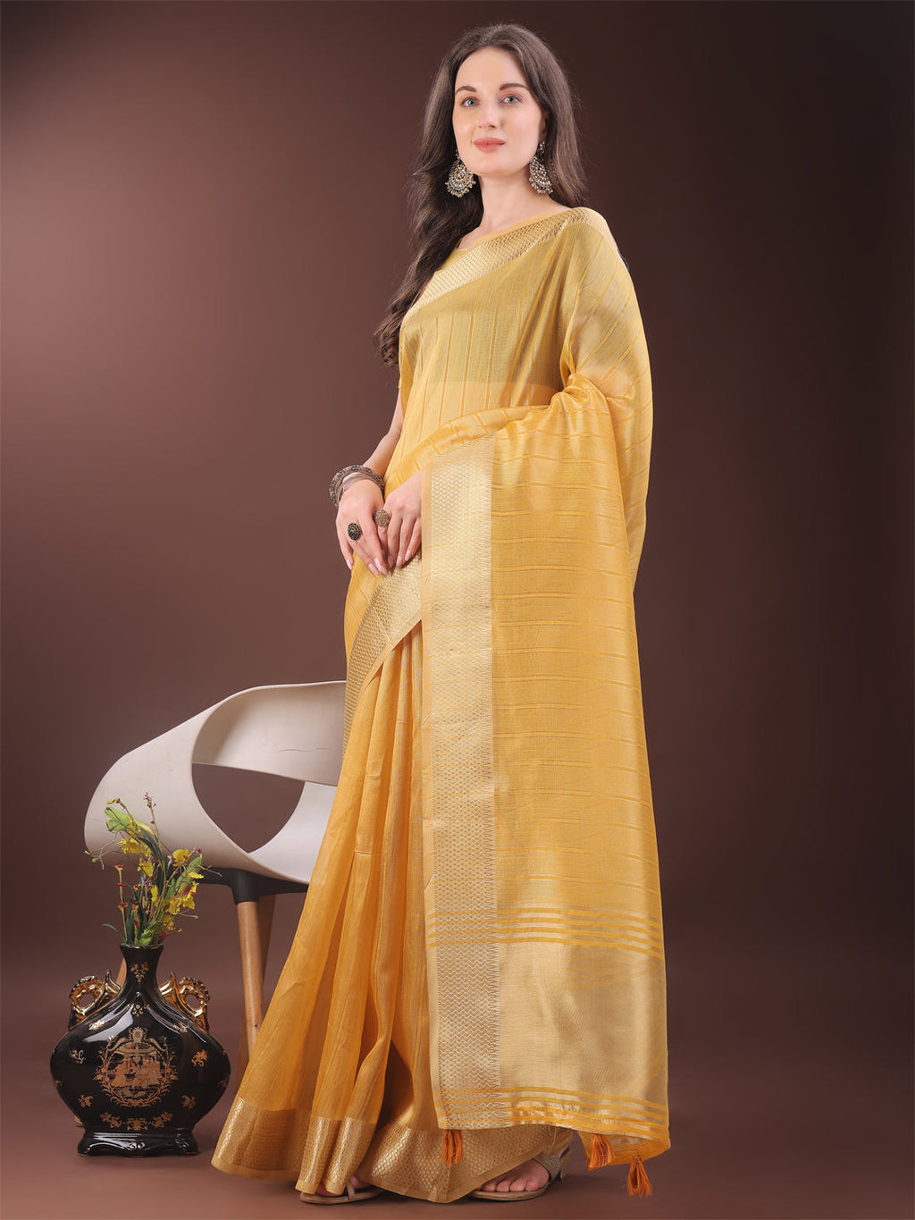 Shree Shyam Fashion Elegant Gold Mustard Organza Saree with Zari Border | Party Wear Lightweight Saree with Blouse for Women