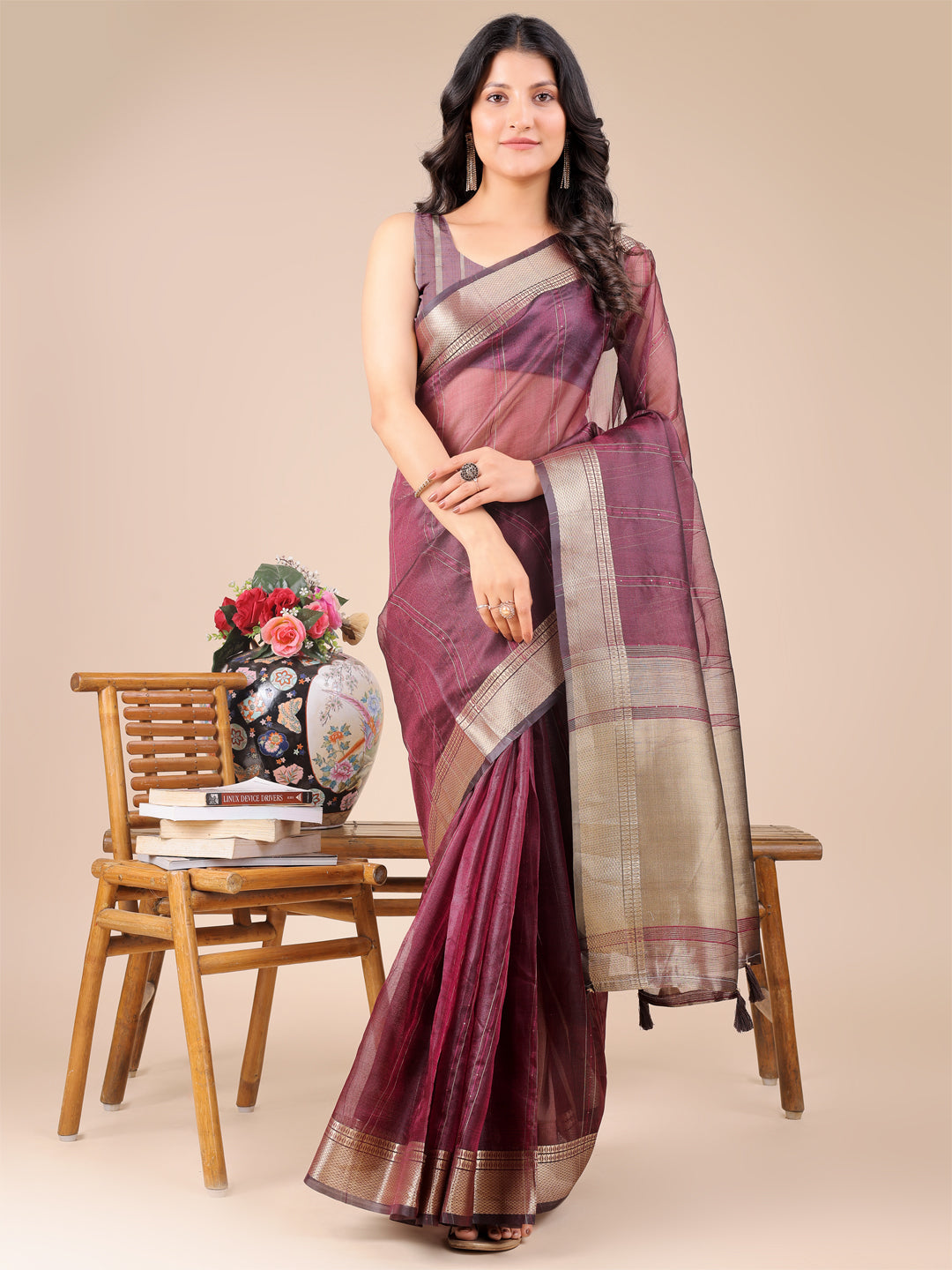Shree Shyam Fashion Purple Organza Woven Zari Work Traditional Tassel Saree