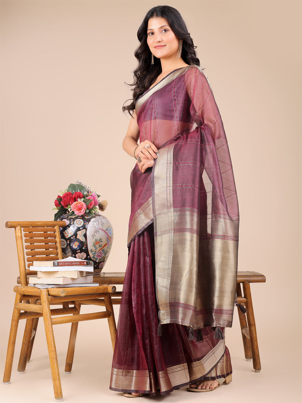 Shree Shyam Fashion Purple Organza Woven Zari Work Traditional Tassel Saree