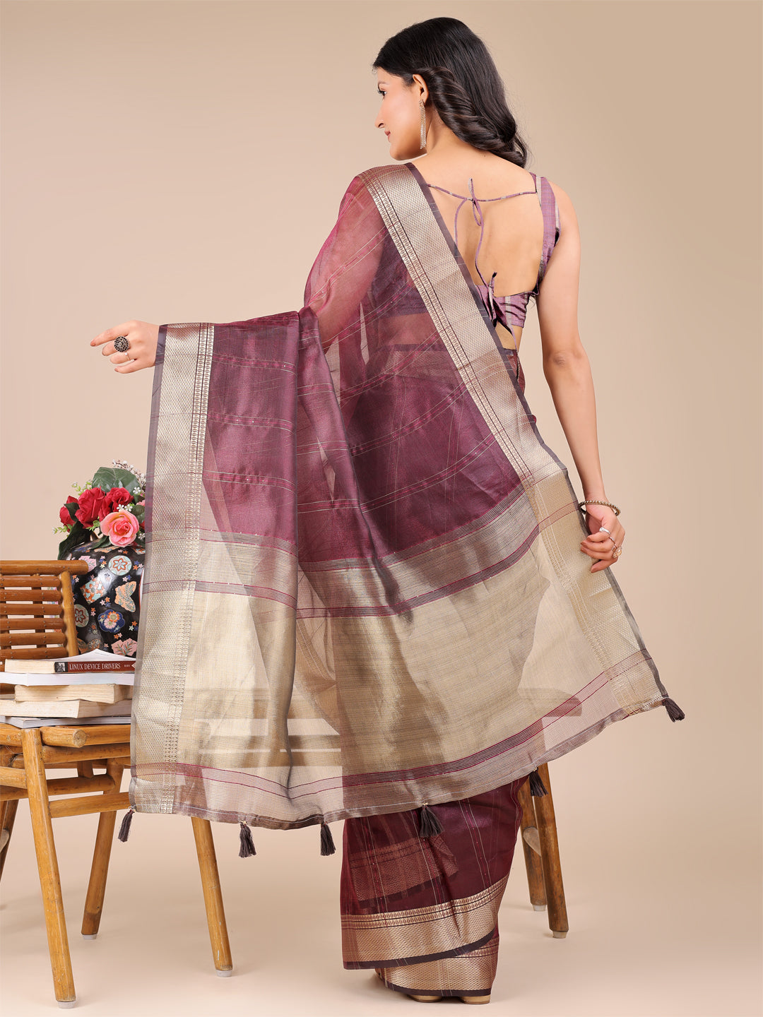 Shree Shyam Fashion Purple Organza Woven Zari Work Traditional Tassel Saree