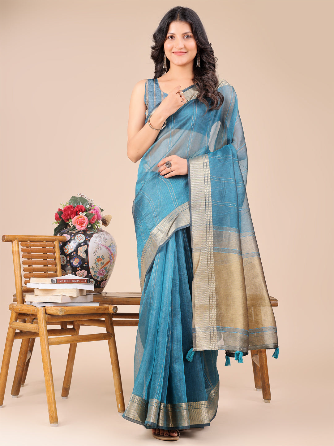 Shree Shyam Fashion Sea Green Organza Woven Zari Work Traditional Tassel Saree
