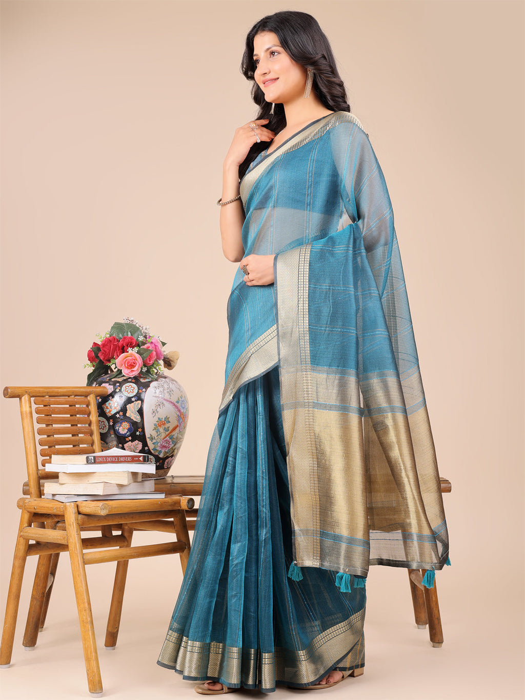 Shree Shyam Fashion Sea Green Organza Woven Zari Work Traditional Tassel Saree