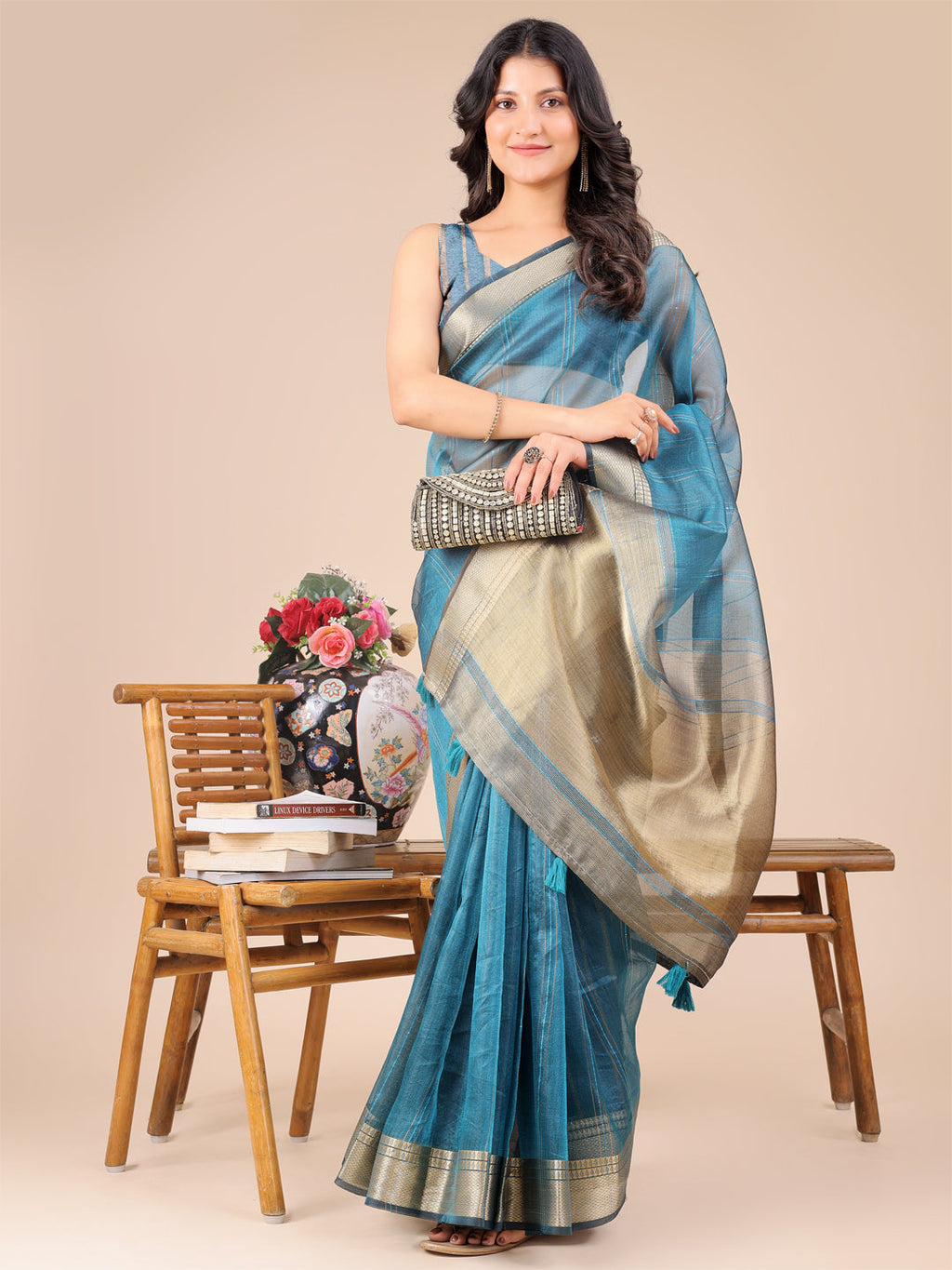 Shree Shyam Fashion Sea Green Organza Woven Zari Work Traditional Tassel Saree