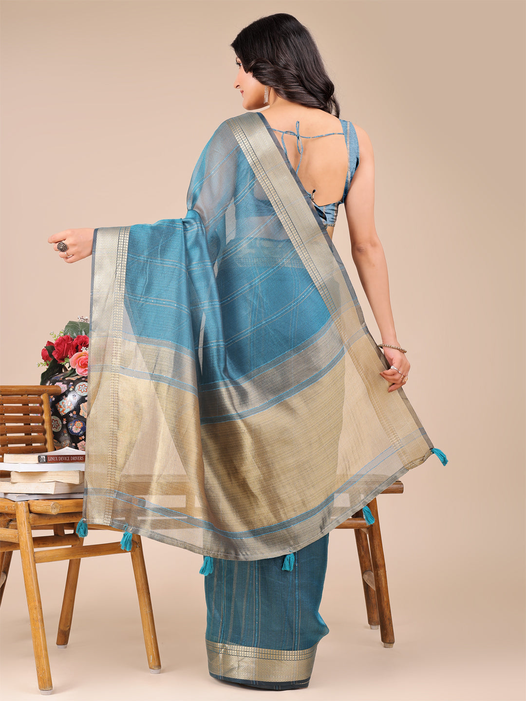 Shree Shyam Fashion Sea Green Organza Woven Zari Work Traditional Tassel Saree