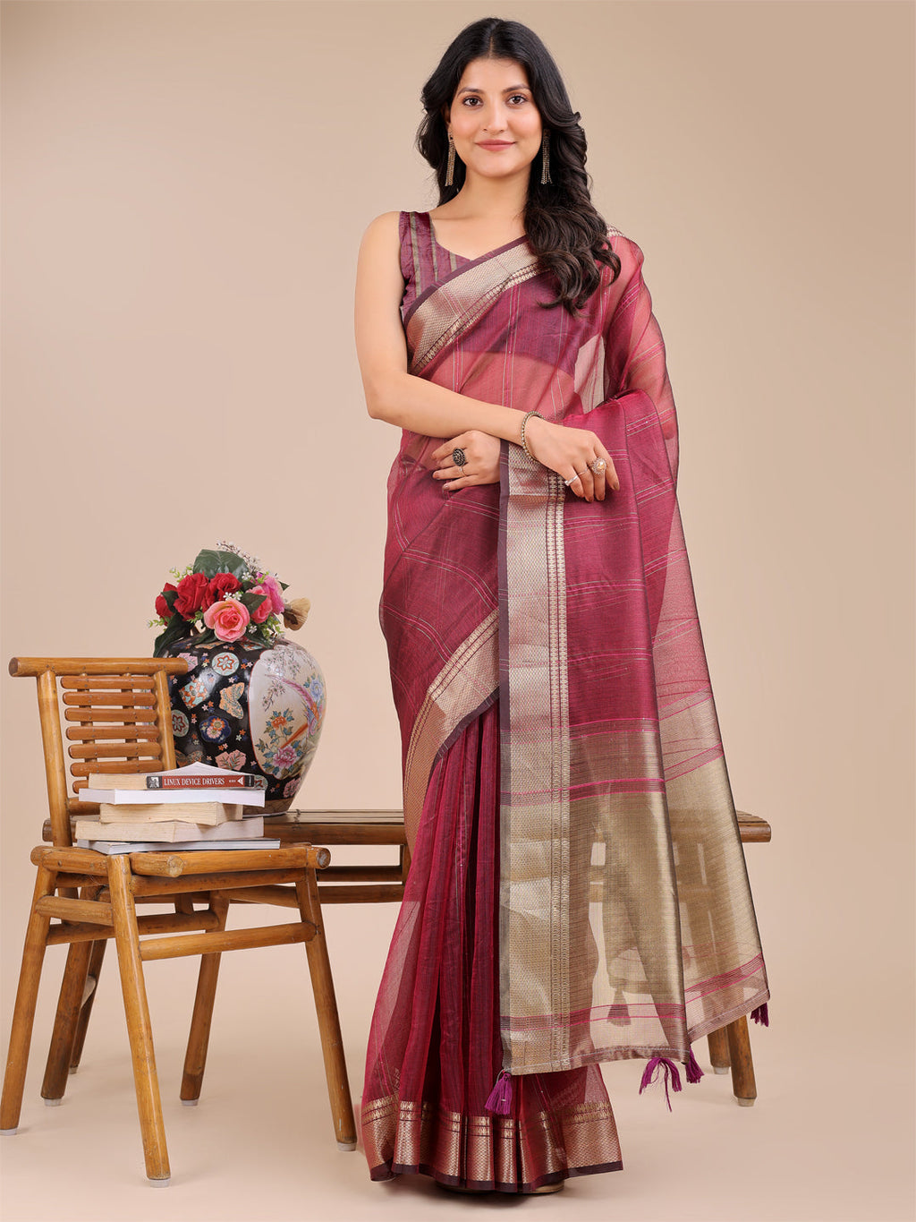 Shree Shyam Fashion Magenta Organza Woven Zari Work Traditional Tassel Saree