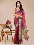 Shree Shyam Fashion Magenta Organza Woven Zari Work Traditional Tassel Saree