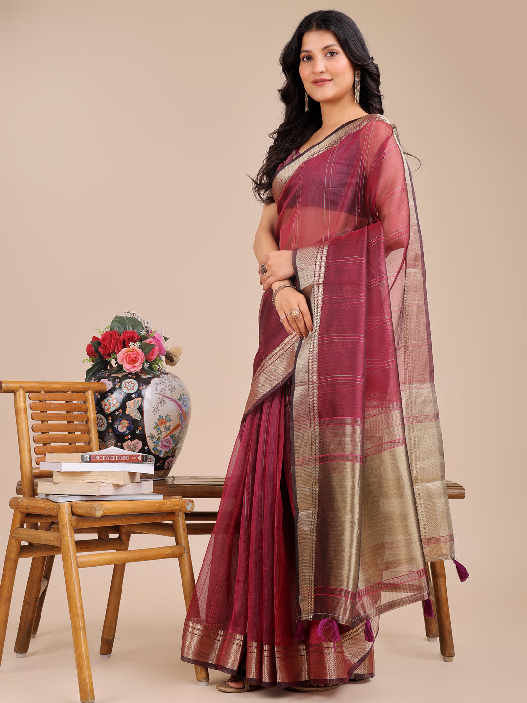 Shree Shyam Fashion Magenta Organza Woven Zari Work Traditional Tassel Saree