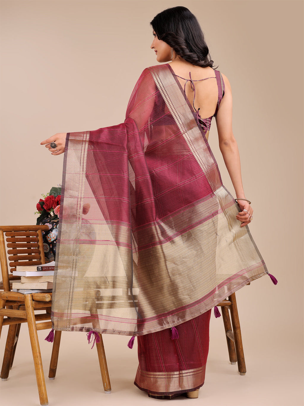 Shree Shyam Fashion Magenta Organza Woven Zari Work Traditional Tassel Saree