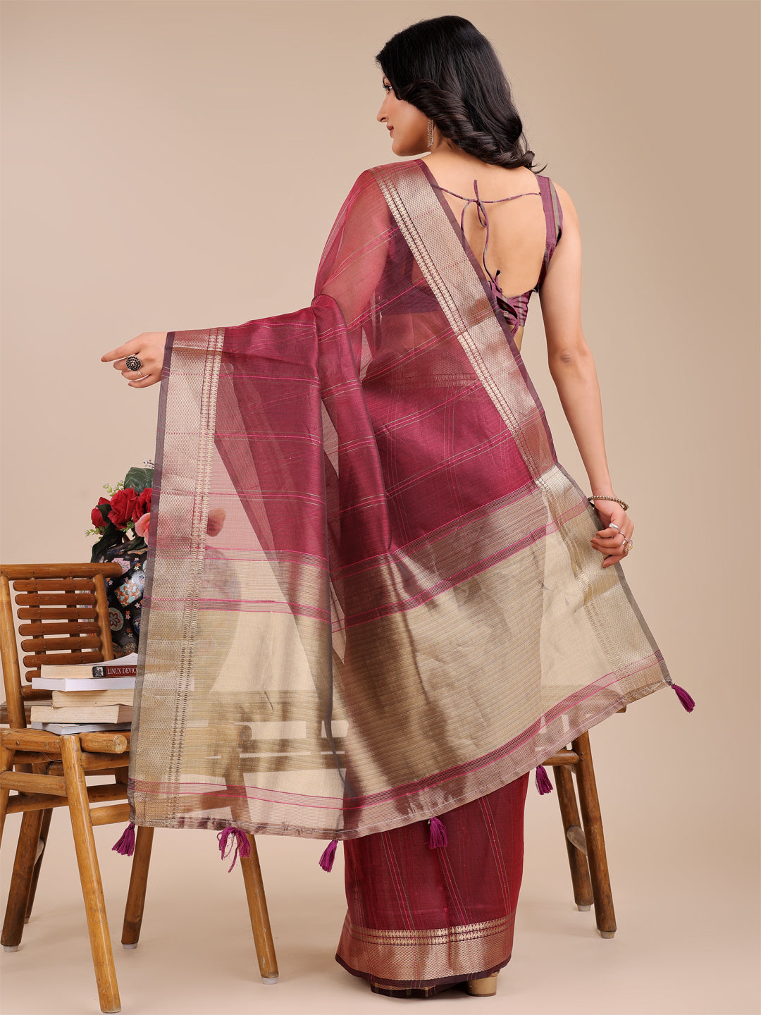 Shree Shyam Fashion Magenta Organza Woven Zari Work Traditional Tassel Saree