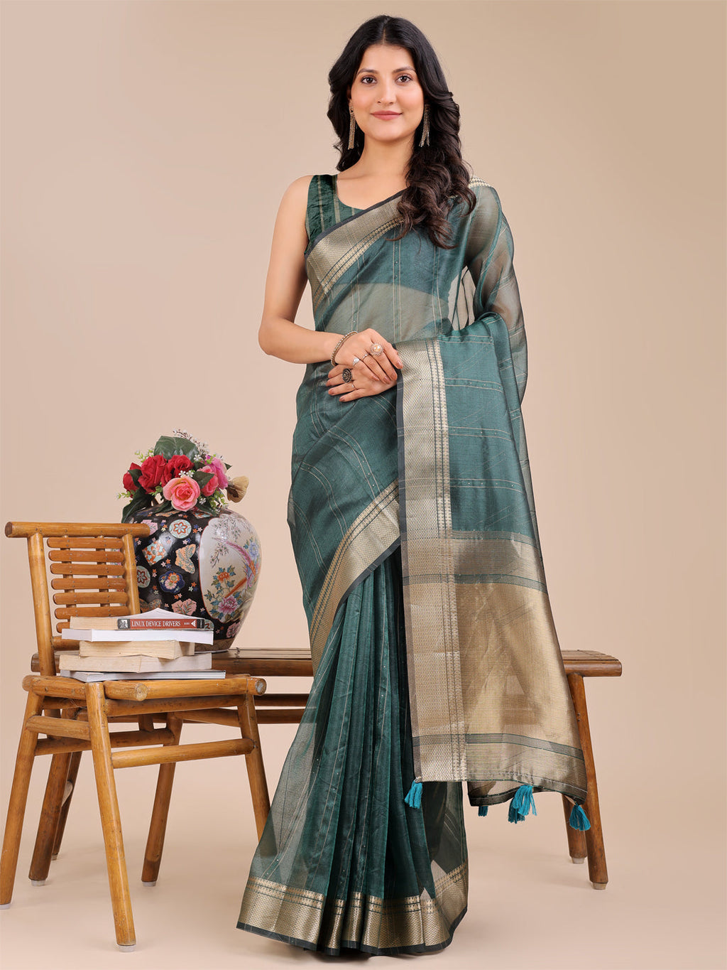 Shree Shyam Fashion Dark Green Organza Woven Zari Work Traditional Tassel Saree
