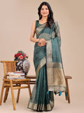 Shree Shyam Fashion Dark Green Organza Woven Zari Work Traditional Tassel Saree