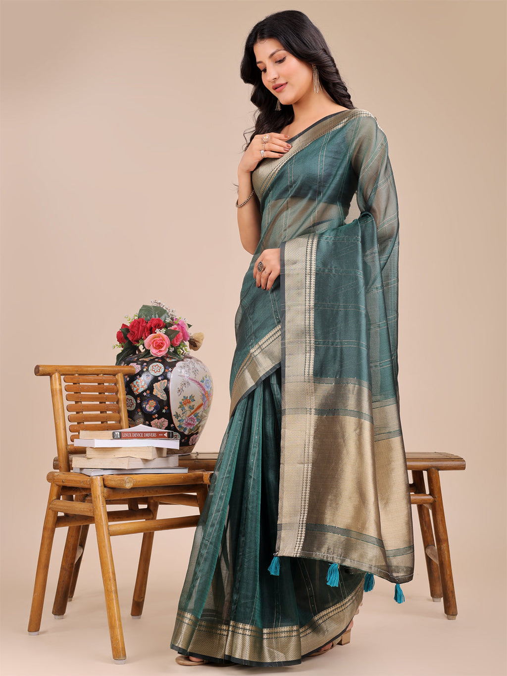 Shree Shyam Fashion Dark Green Organza Woven Zari Work Traditional Tassel Saree