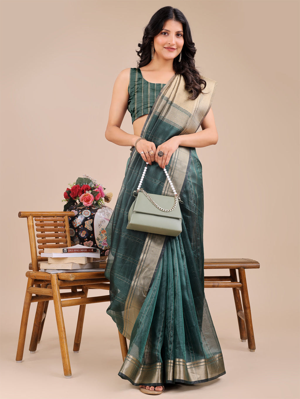 Shree Shyam Fashion Dark Green Organza Woven Zari Work Traditional Tassel Saree