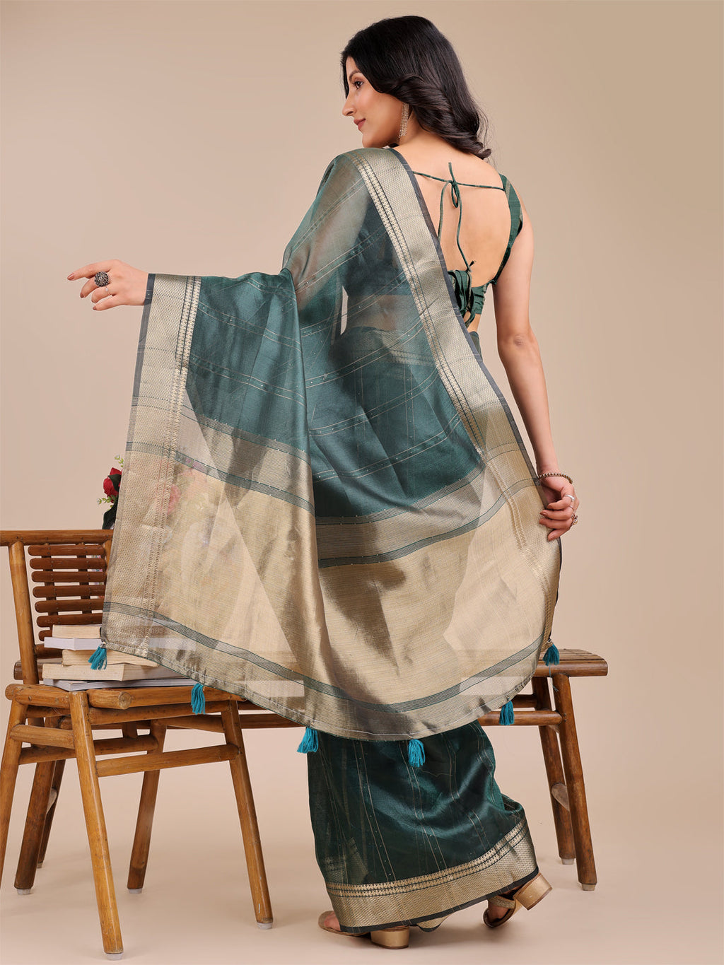Shree Shyam Fashion Dark Green Organza Woven Zari Work Traditional Tassel Saree