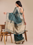 Shree Shyam Fashion Dark Green Organza Woven Zari Work Traditional Tassel Saree