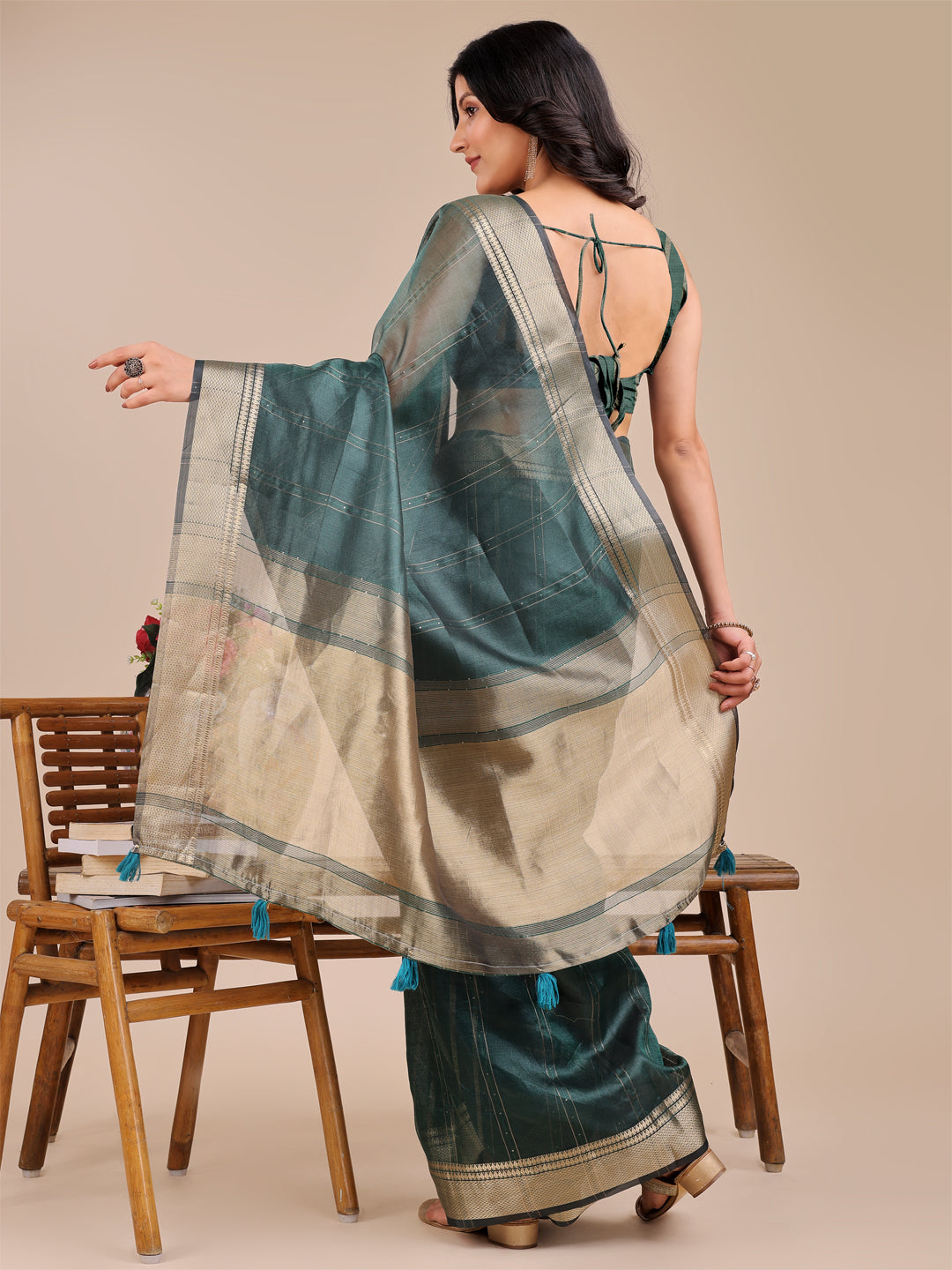 Shree Shyam Fashion Dark Green Organza Woven Zari Work Traditional Tassel Saree