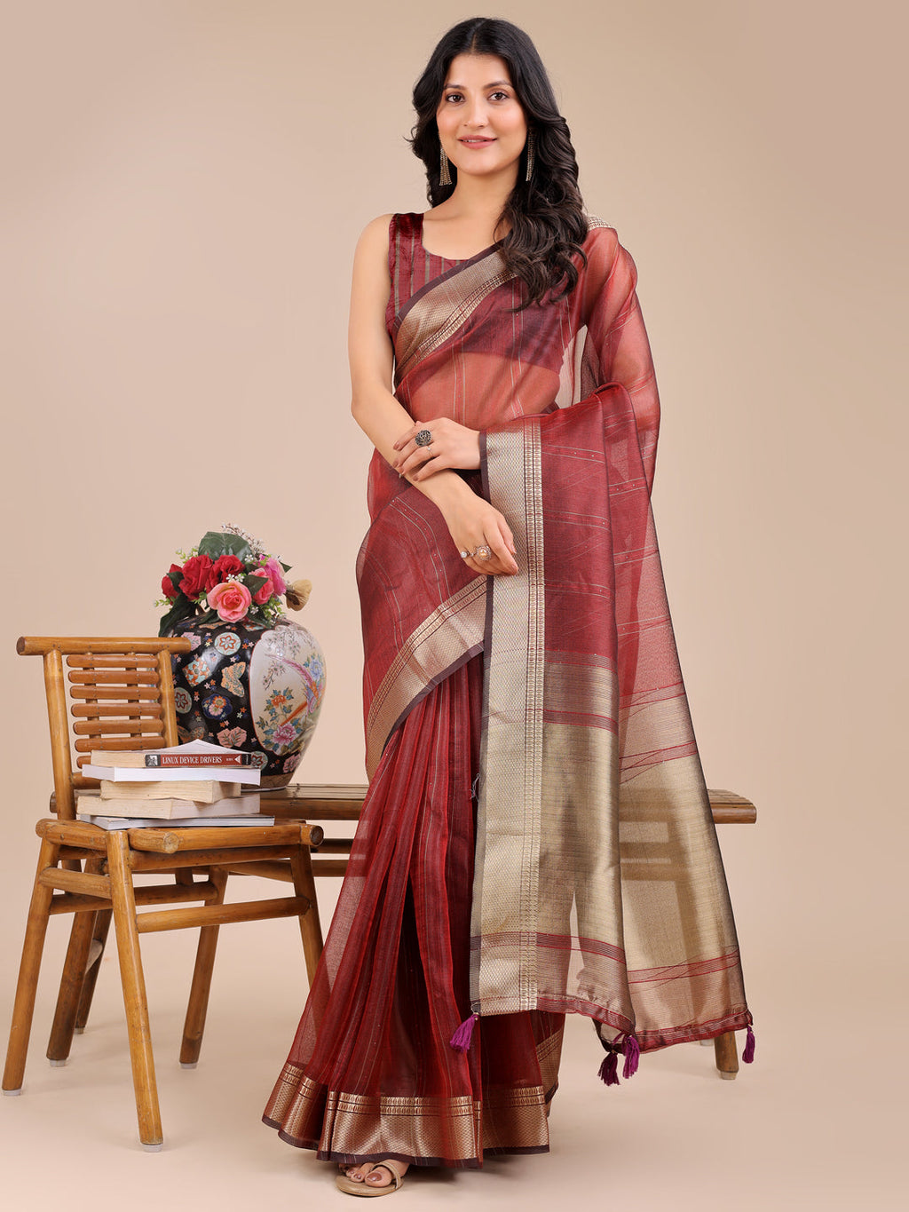 Shree Shyam Fashion Maroon Organza Woven Zari Work Traditional Tassel Saree