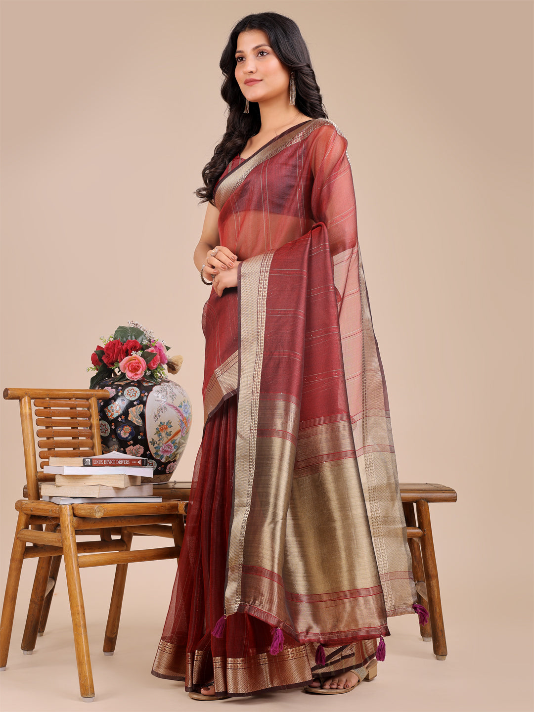 Shree Shyam Fashion Maroon Organza Woven Zari Work Traditional Tassel Saree