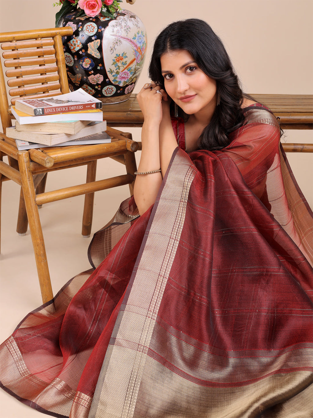 Shree Shyam Fashion Maroon Organza Woven Zari Work Traditional Tassel Saree