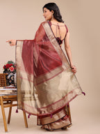 Shree Shyam Fashion Maroon Organza Woven Zari Work Traditional Tassel Saree