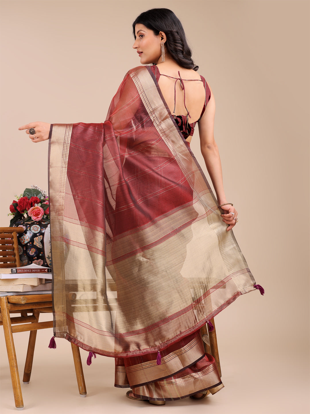 Shree Shyam Fashion Maroon Organza Woven Zari Work Traditional Tassel Saree