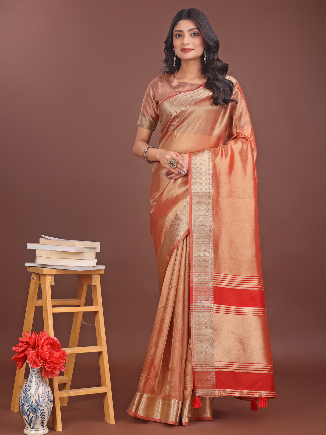Shree Shyam Fashion Elegant Orange & Red Organza Saree with Rich Zari Border & Pallu Tassels | Premium Partywear Saree for Women