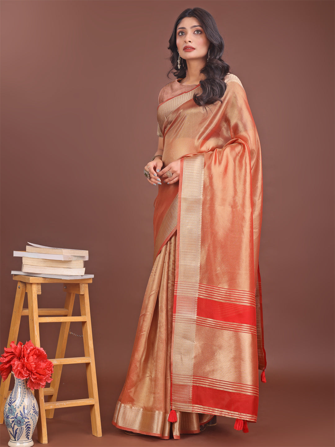 Shree Shyam Fashion Elegant Orange & Red Organza Saree with Rich Zari Border & Pallu Tassels | Premium Partywear Saree for Women
