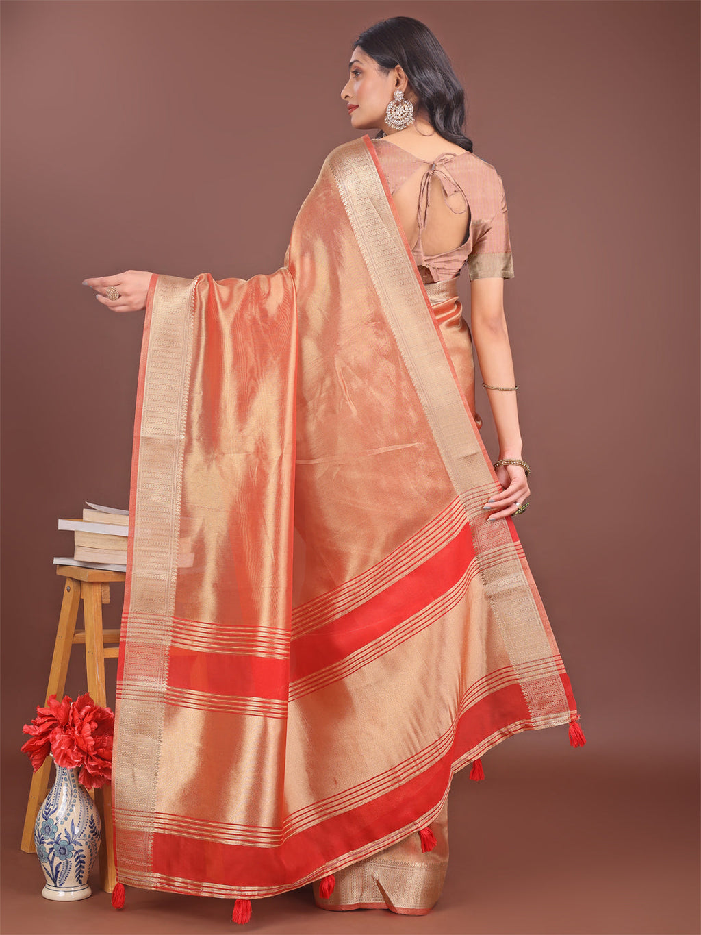 Shree Shyam Fashion Elegant Orange & Red Organza Saree with Rich Zari Border & Pallu Tassels | Premium Partywear Saree for Women
