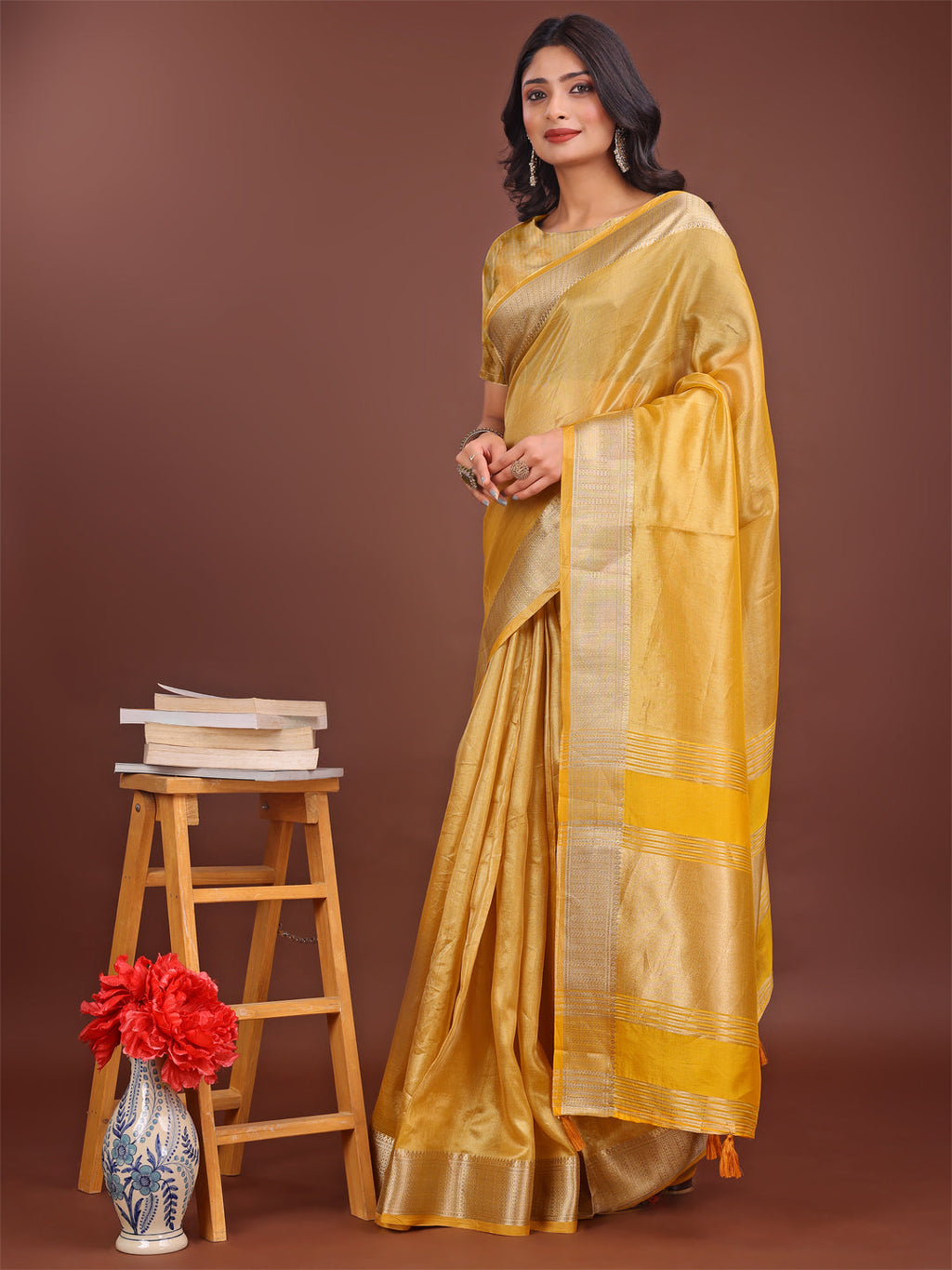 Shree Shyam Fashion Elegant Yellow & Yellow Organza Saree with Rich Zari Border & Pallu Tassels | Premium Partywear Saree for Women