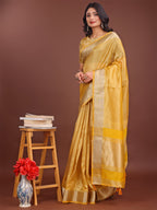 Shree Shyam Fashion Elegant Yellow & Yellow Organza Saree with Rich Zari Border & Pallu Tassels | Premium Partywear Saree for Women