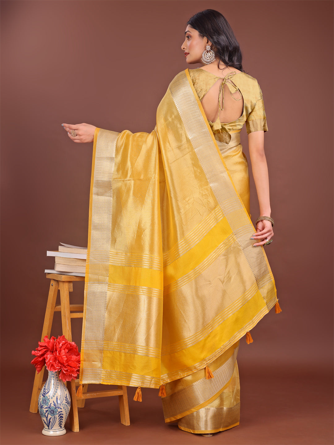 Shree Shyam Fashion Elegant Yellow & Yellow Organza Saree with Rich Zari Border & Pallu Tassels | Premium Partywear Saree for Women
