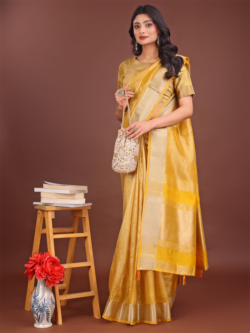 Shree Shyam Fashion Elegant Yellow & Yellow Organza Saree with Rich Zari Border & Pallu Tassels | Premium Partywear Saree for Women