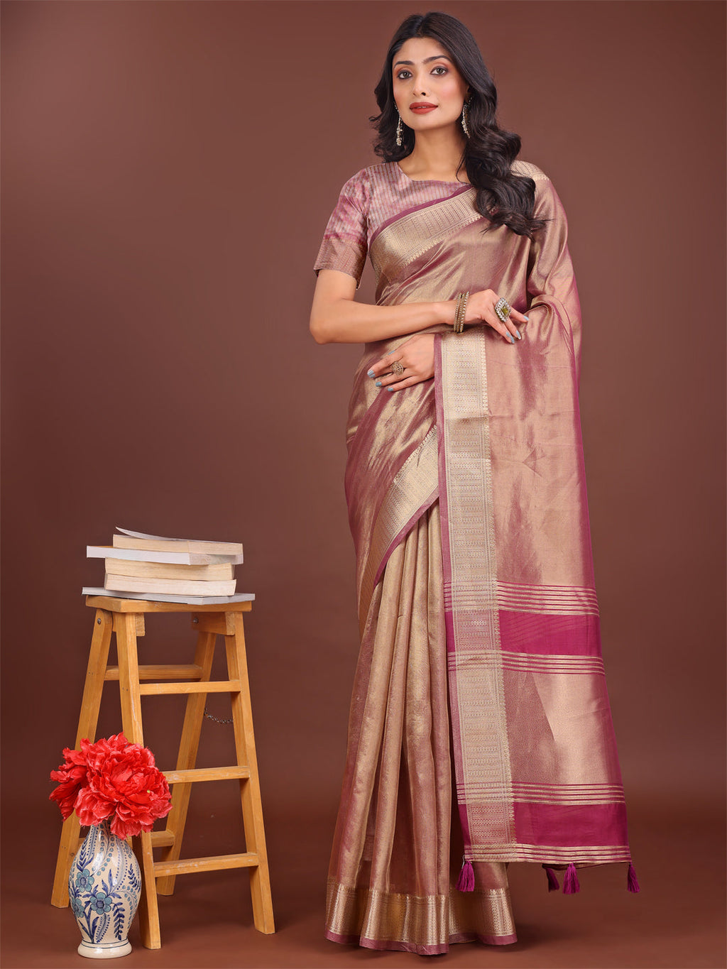 Shree Shyam Fashion Elegant Light Pink & Magenta Organza Saree with Rich Zari Border & Pallu Tassels | Premium Partywear Saree for Women
