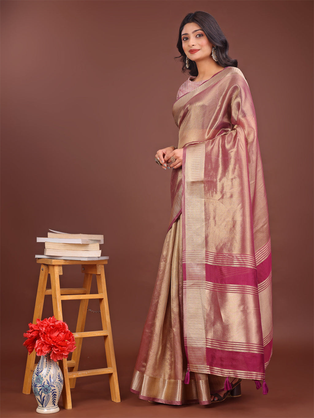 Shree Shyam Fashion Elegant Light Pink & Magenta Organza Saree with Rich Zari Border & Pallu Tassels | Premium Partywear Saree for Women